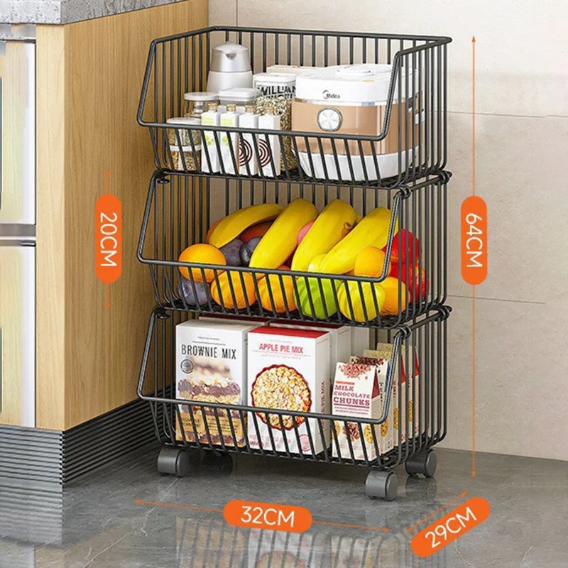 Rack de rangement de cuisine moyen, 3 niveaux, pour légumes et fruits, chariot roulant de grande capacité, étagère debout, panier
