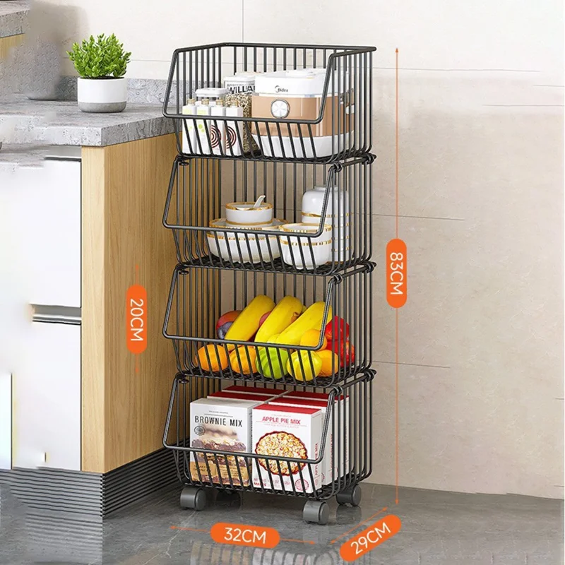 Kitchen Vegetable Storage Rack 4-Tier Rolling Cart Fruit Organizer Storage Holder Floor Standing Shelving