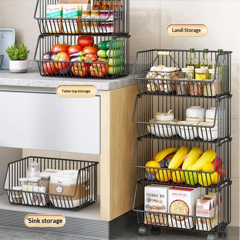 Kitchen Vegetable Storage Rack 4-Tier Rolling Cart Fruit Organizer Storage Holder Floor Standing Shelving