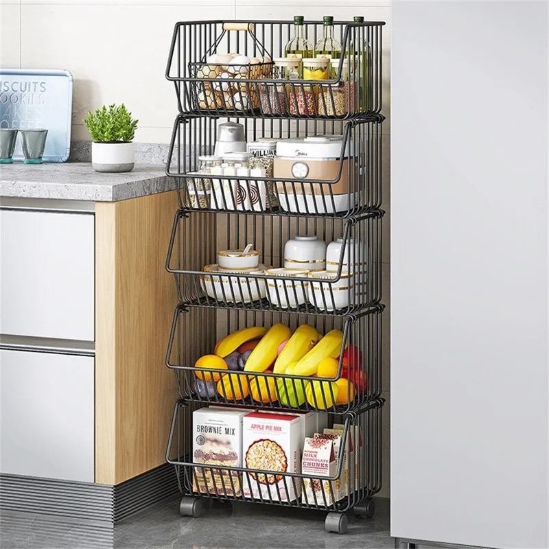 Kitchen Vegetable Storage Rack 5-Tier Rolling Cart Fruit Organizer Storage Holder Floor Standing Shelving