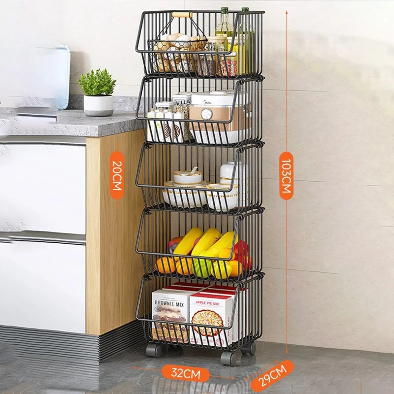 Kitchen Vegetable Storage Rack 5-Tier Rolling Cart Fruit Organizer Storage Holder Floor Standing Shelving