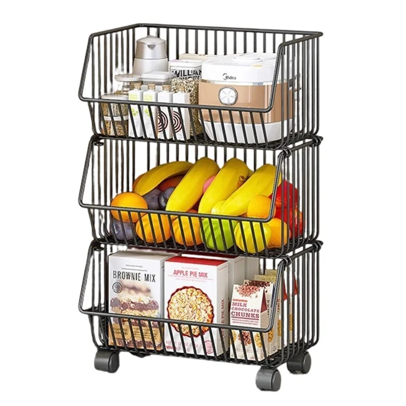 Kitchen Vegetable Storage Rack 3 Tier Fruit Organizer Multi-Function Rolling Cart Floor Standing Shelf Basket - Black