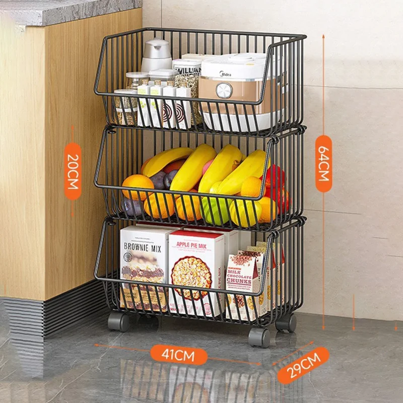 Kitchen Vegetable Storage Rack 3 Tier Fruit Organizer Multi-Function Rolling Cart Floor Standing Shelf Basket - Black