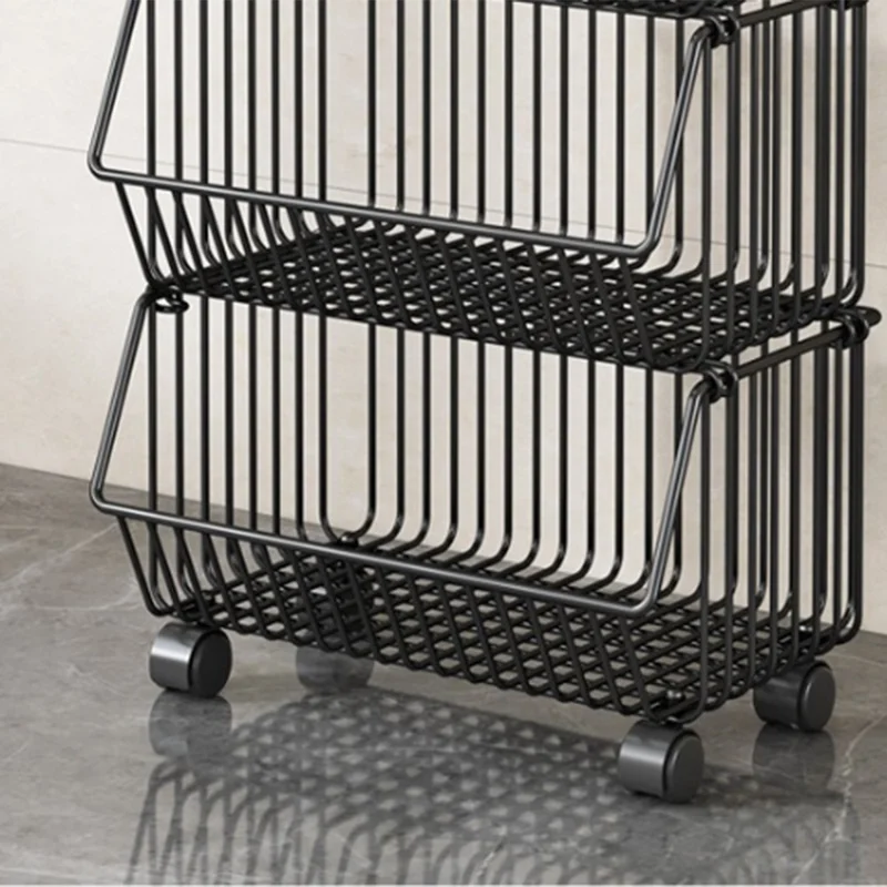 Kitchen Vegetable Storage Rack 3 Tier Fruit Organizer Multi-Function Rolling Cart Floor Standing Shelf Basket - Black