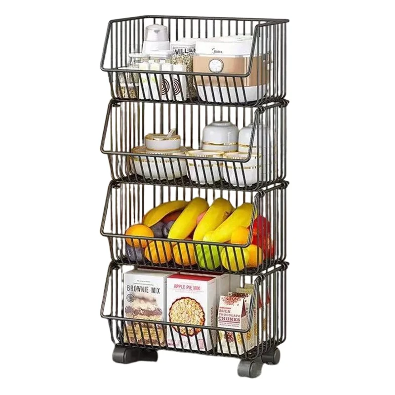 Kitchen Vegetable Storage Rack 4 Tier Fruit Organizer Multi-Function Rolling Cart Floor Standing Shelf Basket - Black
