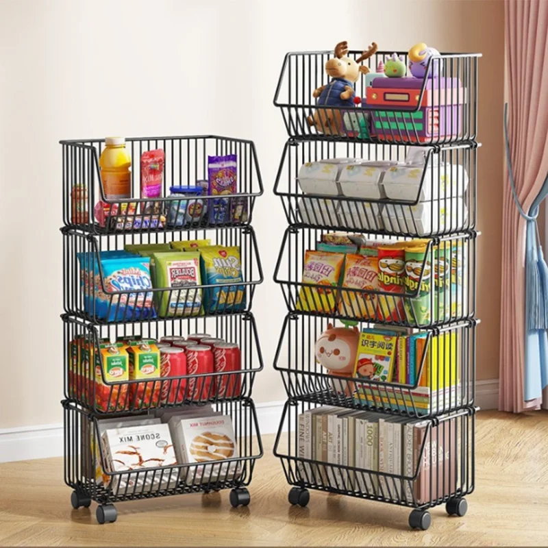 Kitchen Vegetable Storage Rack 4 Tier Fruit Organizer Multi-Function Rolling Cart Floor Standing Shelf Basket - Black