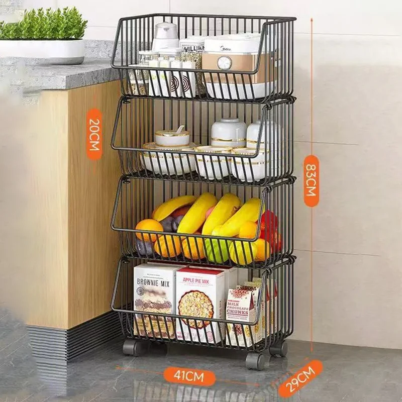 Kitchen Vegetable Storage Rack 4 Tier Fruit Organizer Multi-Function Rolling Cart Floor Standing Shelf Basket - Black