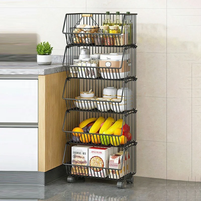 Grand chariot de rangement de cuisine à 5 niveaux pour légumes et fruits, chariot roulant de grande capacité, étagère debout - Noir