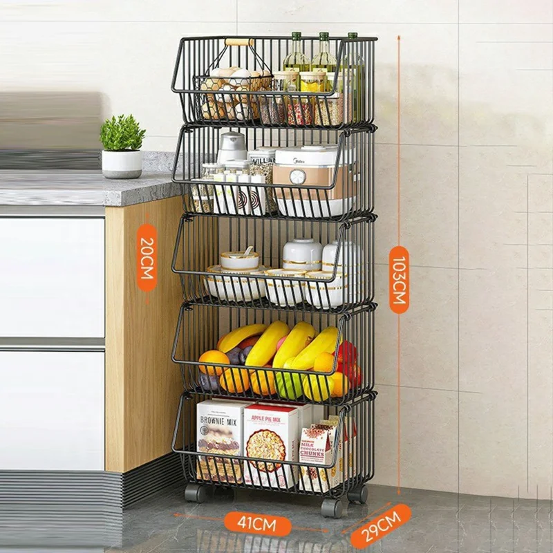 Grand chariot de rangement de cuisine à 5 niveaux pour légumes et fruits, chariot roulant de grande capacité, étagère debout - Noir
