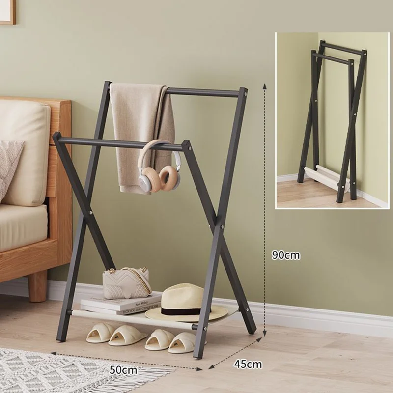 Folding Floor Standing Clothes Rack Dual Rod Garment Organizer for Bedroom  /  Bedside Hanging Storage  /  Pants Hanger - Black