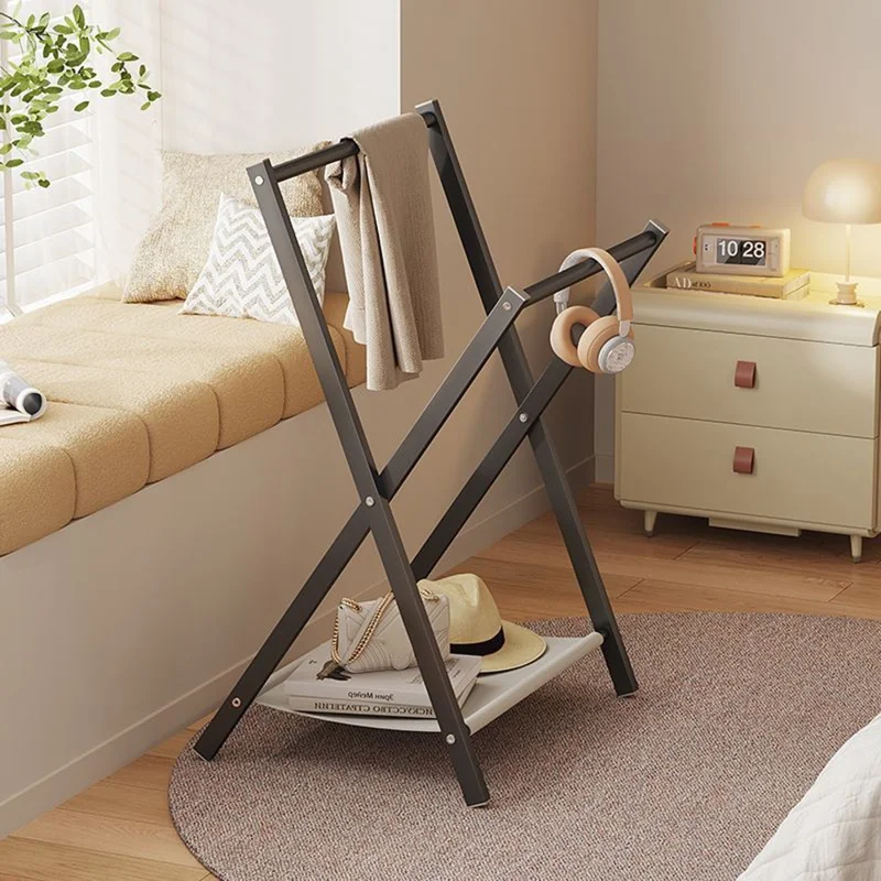 Folding Floor Standing Clothes Rack Dual Rod Garment Organizer for Bedroom  /  Bedside Hanging Storage  /  Pants Hanger - Black