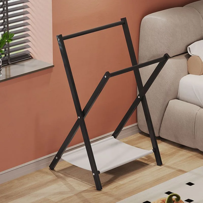 Folding Floor Standing Clothes Rack Dual Rod Garment Organizer for Bedroom  /  Bedside Hanging Storage  /  Pants Hanger - Black