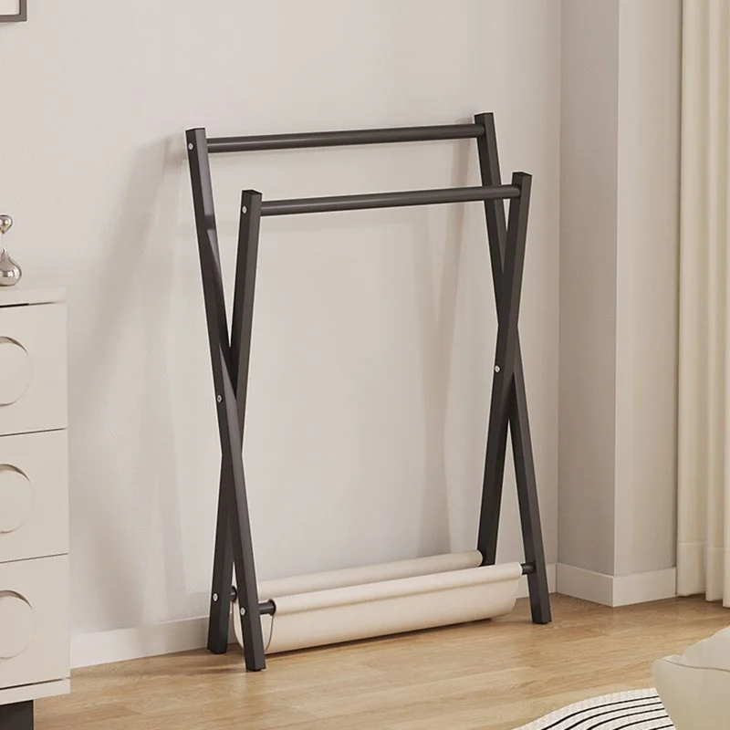 Folding Floor Standing Clothes Rack Dual Rod Garment Organizer for Bedroom  /  Bedside Hanging Storage  /  Pants Hanger - Black