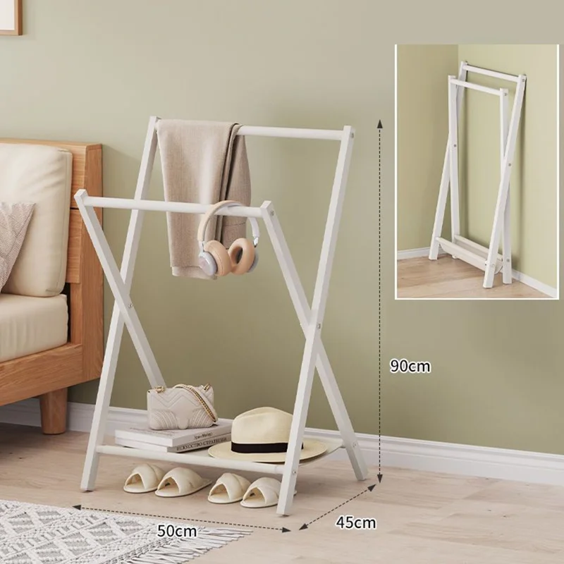 Folding Floor Standing Clothes Rack Dual Rod Garment Organizer for Bedroom  /  Bedside Hanging Storage  /  Pants Hanger - White