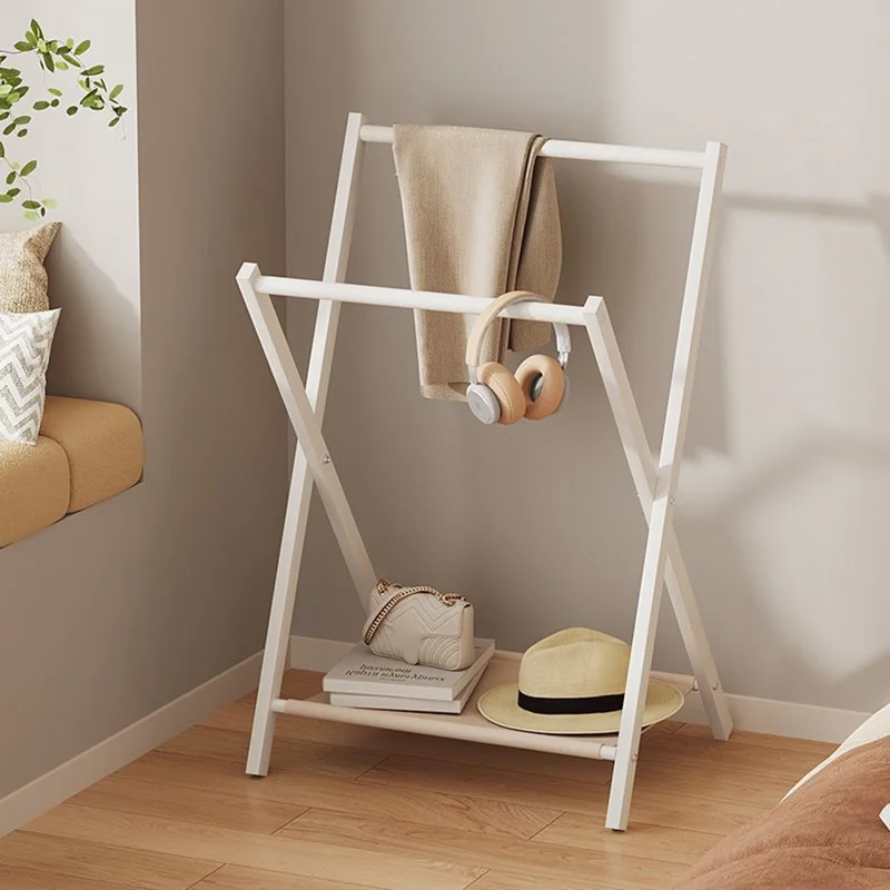 Folding Floor Standing Clothes Rack Dual Rod Garment Organizer for Bedroom  /  Bedside Hanging Storage  /  Pants Hanger - White