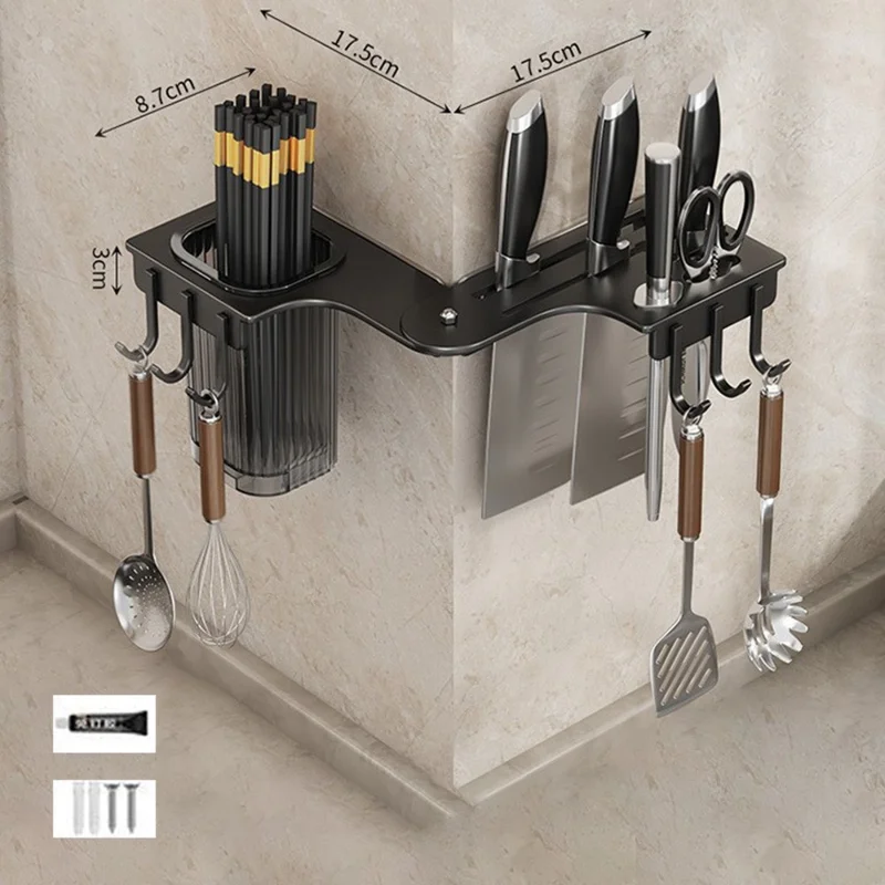 35cm Rotating Kitchen Knife Holder with Utensil Container, Multifunctional Wall-Mounted Corner Storage Rack for Home - Black