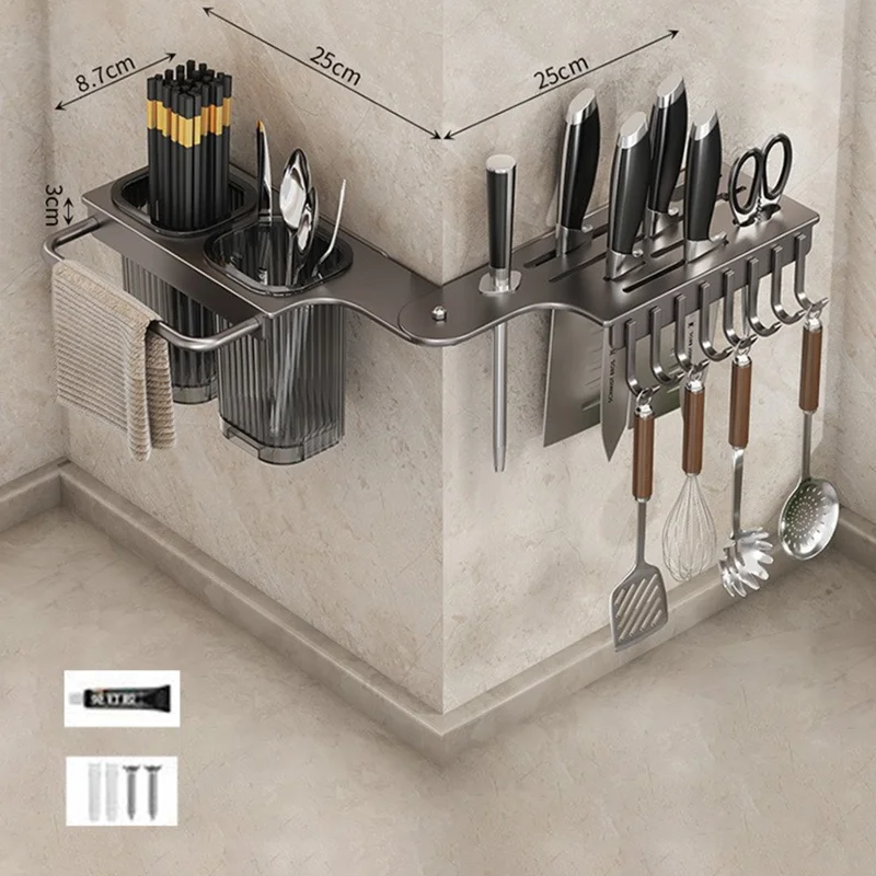 50cm Rotating Kitchen Knife Holder with 2 Utensil Container, Multifunctional Wall-Mounted Corner Storage Rack for Home - Tarnish