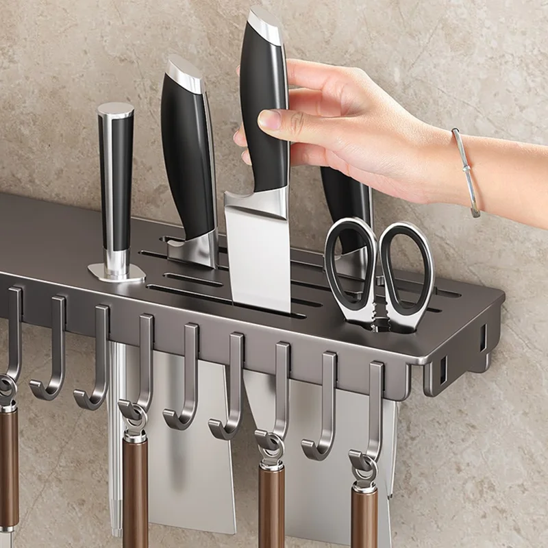 50cm Rotating Kitchen Knife Holder with 2 Utensil Container, Multifunctional Wall-Mounted Corner Storage Rack for Home - Tarnish