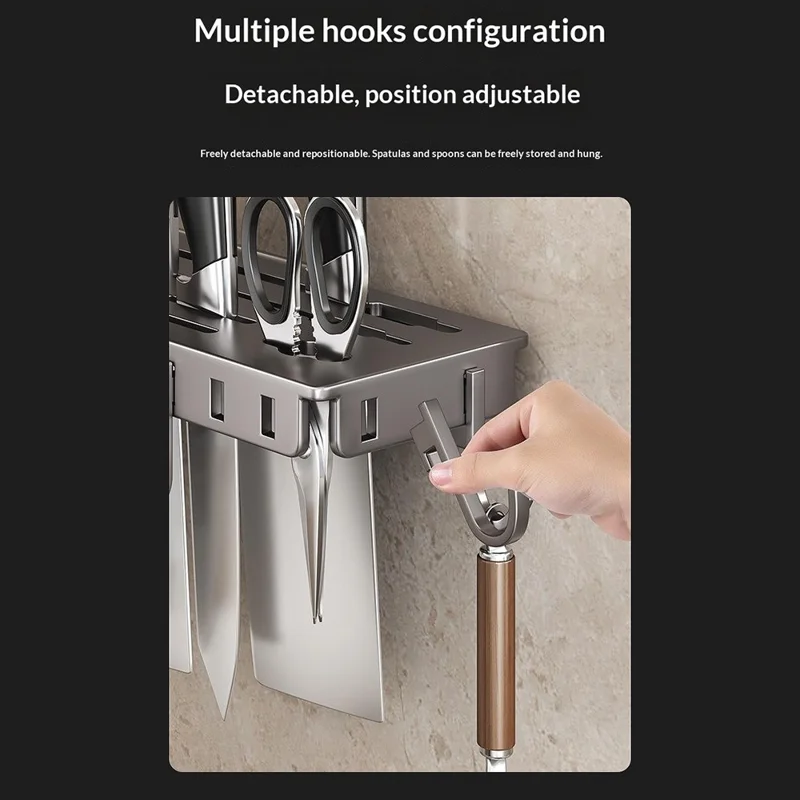 50cm Rotating Kitchen Knife Holder with 2 Utensil Container, Multifunctional Wall-Mounted Corner Storage Rack for Home - Tarnish