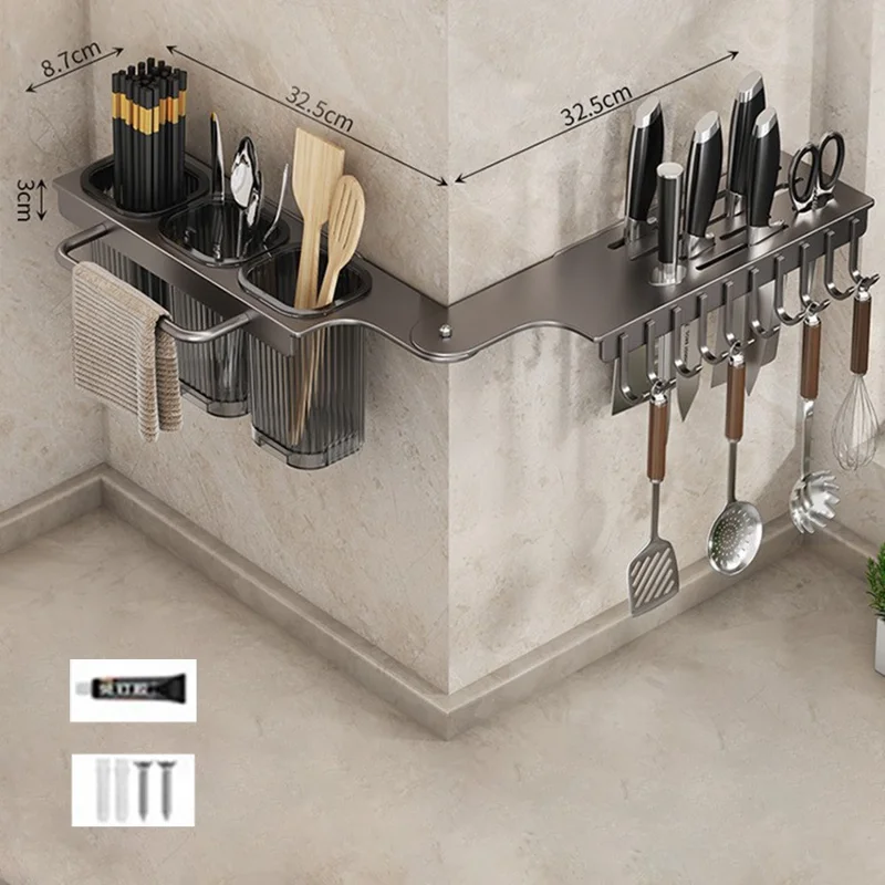 65cm Rotating Kitchen Knife Holder with 3 Utensil Container, Multifunctional Wall-Mounted Corner Storage Rack for Home - Tarnish