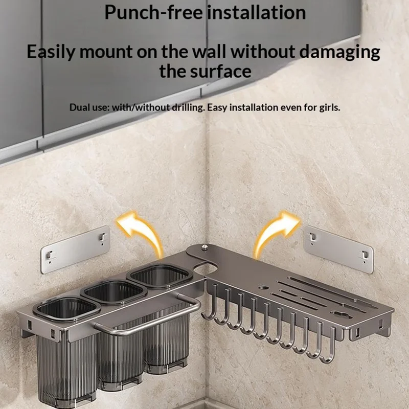 65cm Rotating Kitchen Knife Holder with 3 Utensil Container, Multifunctional Wall-Mounted Corner Storage Rack for Home - Tarnish