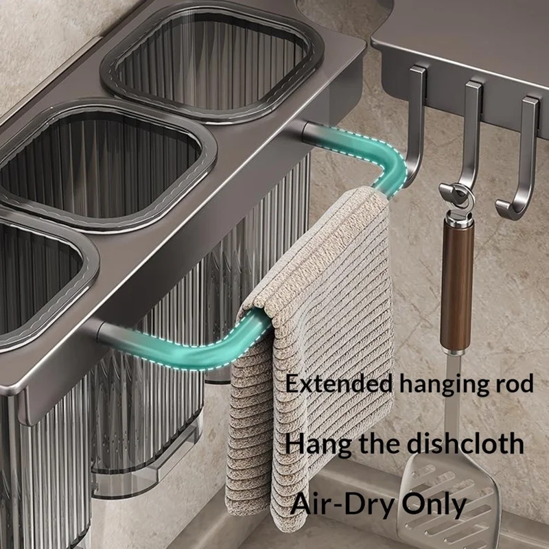 65cm Rotating Kitchen Knife Holder with 3 Utensil Container, Multifunctional Wall-Mounted Corner Storage Rack for Home - Tarnish