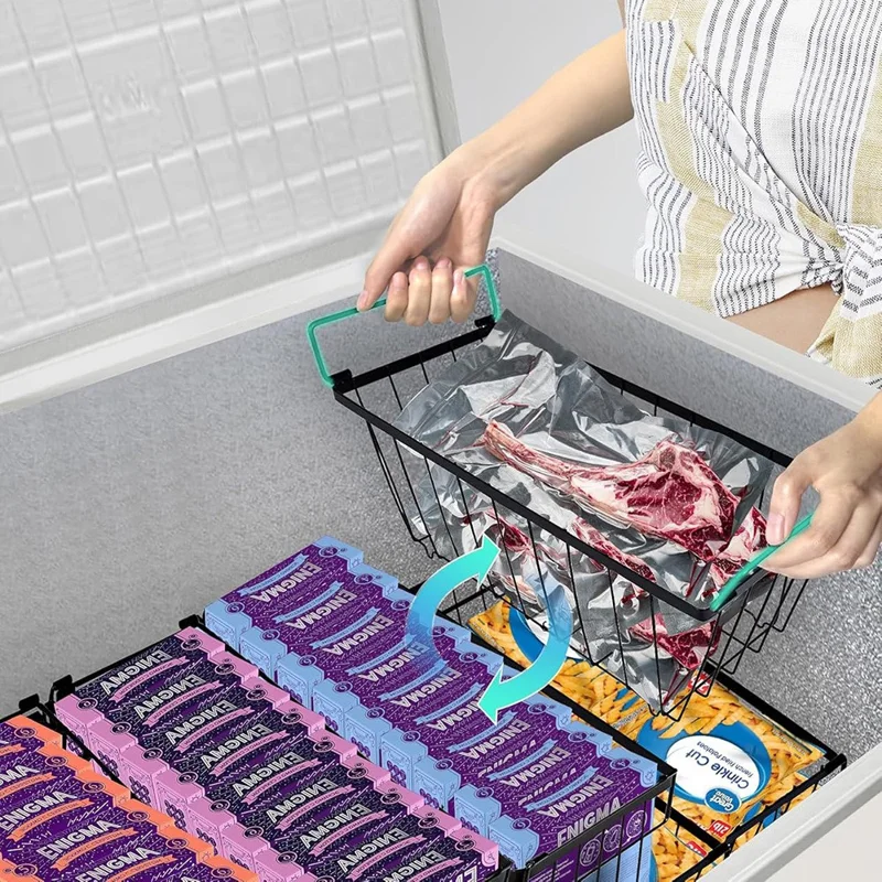 2Pcs Freezer Storage Holder Kitchen Organizer Metal Wire Basket with Handle for Refrigerator