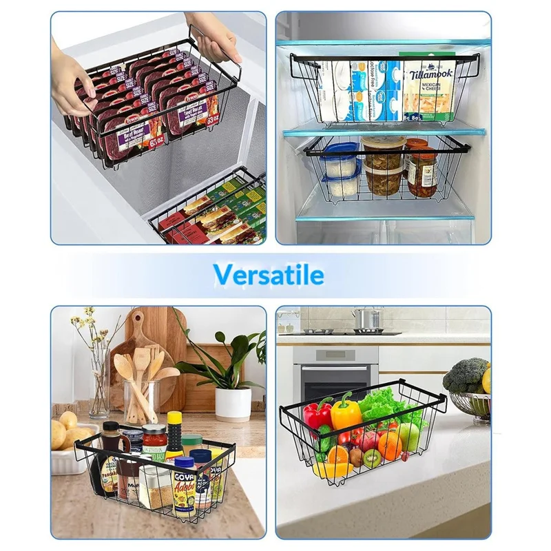 2Pcs Freezer Storage Holder Kitchen Organizer Metal Wire Basket with Handle for Refrigerator