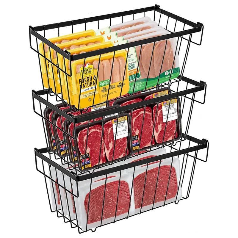 3Pcs Freezer Storage Holder Kitchen Organizer Metal Wire Basket with Handle for Refrigerator