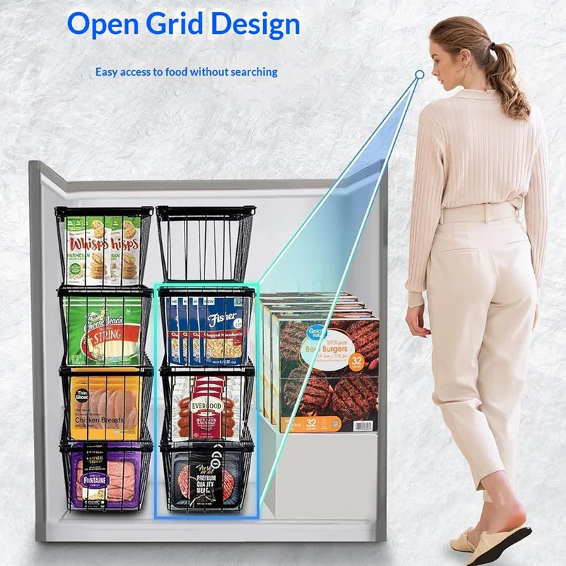 3Pcs Freezer Storage Holder Kitchen Organizer Metal Wire Basket with Handle for Refrigerator