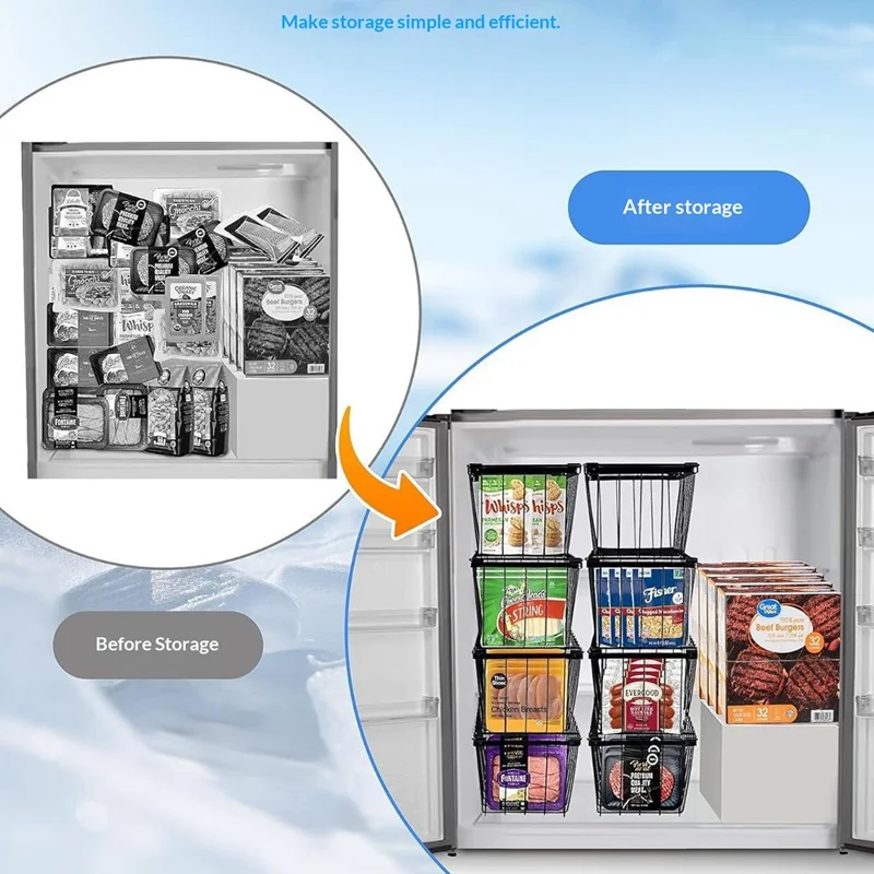 3Pcs Freezer Storage Holder Kitchen Organizer Metal Wire Basket with Handle for Refrigerator