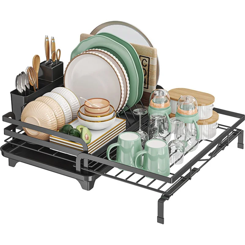 Retractable Kitchen Dish Drainer Rack Adjustable Drainage Storage Basket with 360° Rotatable Drain Tube for Bowls Plates Utensils - Black