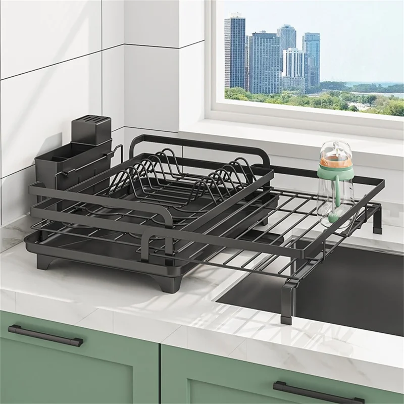 Retractable Kitchen Dish Drainer Rack Adjustable Drainage Storage Basket with 360° Rotatable Drain Tube for Bowls Plates Utensils - Black