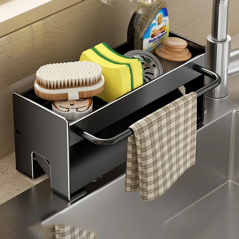Estante Organizador para Fregadero de Acero de Carbono Ahorrador de Espacio con Barra para Toallas y Estante de Drenaje - Negro