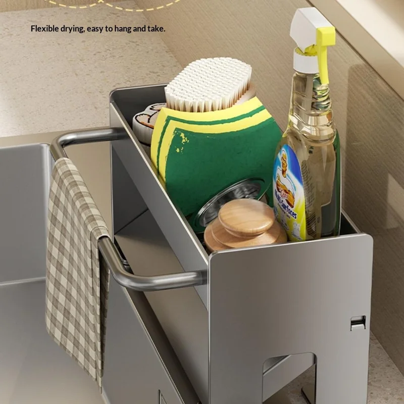 Estante Organizador para Fregadero de Acero de Carbono Ahorrador de Espacio con Barra para Toallas y Estante de Drenaje - Negro