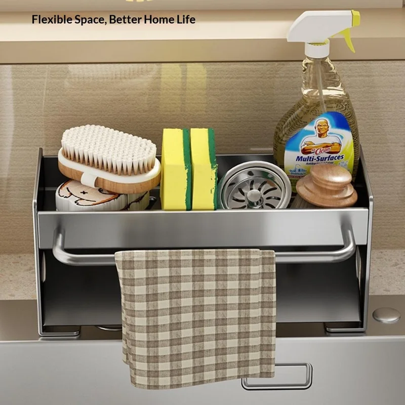 Estante Organizador para Fregadero de Acero de Carbono Ahorrador de Espacio con Barra para Toallas y Estante de Drenaje - Negro