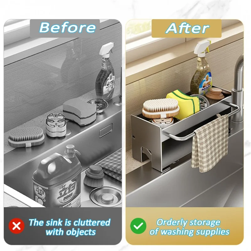 Estante Organizador para Fregadero de Acero de Carbono Ahorrador de Espacio con Barra para Toallas y Estante de Drenaje - Negro