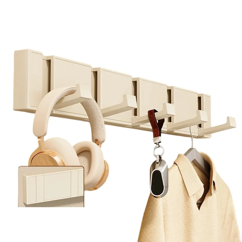 5-Hook Foldable Over Door Hanger No Drilling Space Saving Wall Mounted Coat Rack for Entryway Bathroom - Beige