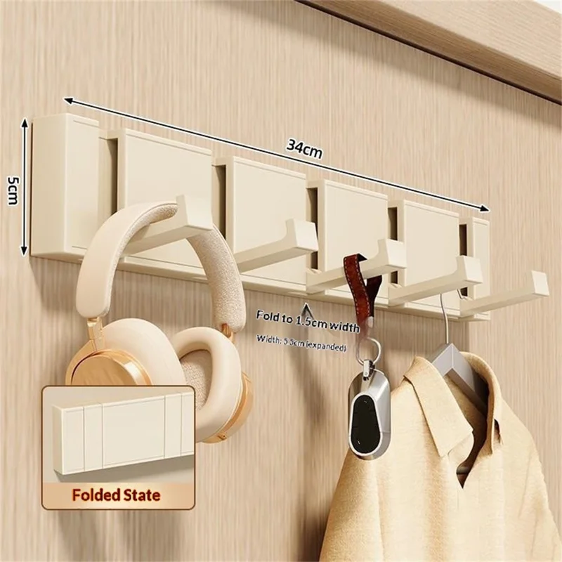 5-Hook Foldable Over Door Hanger No Drilling Space Saving Wall Mounted Coat Rack for Entryway Bathroom - Beige