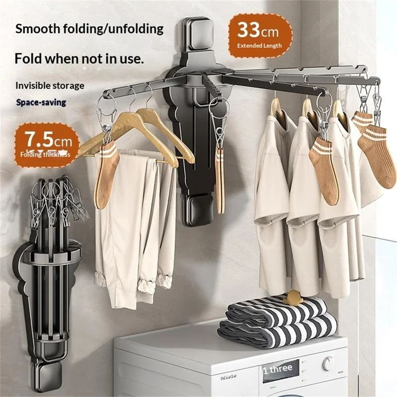 Folding Fan-shaped Wall Mounted Clothes Drying Rack Multi-Rod Underwear Hanging Rack with Sock Clips - Tarnish
