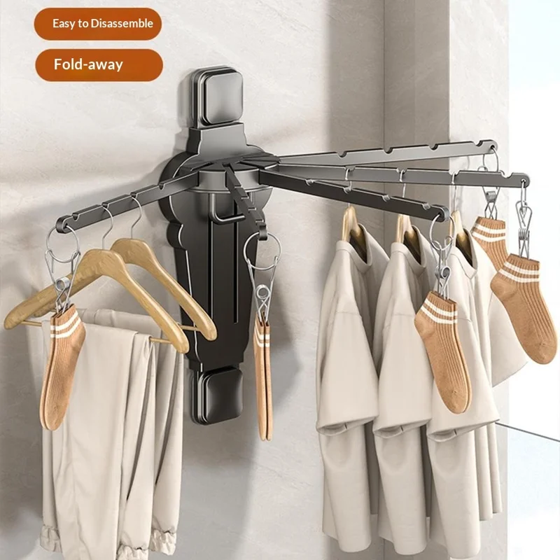 Folding Fan-shaped Wall Mounted Clothes Drying Rack Multi-Rod Underwear Hanging Rack with Sock Clips - Tarnish