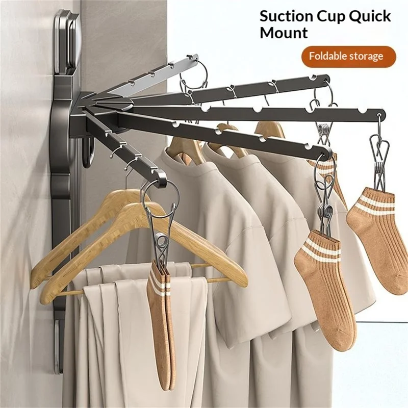 Folding Fan-shaped Wall Mounted Clothes Drying Rack Multi-Rod Underwear Hanging Rack with Sock Clips - Tarnish