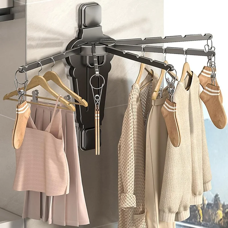 Folding Fan-shaped Wall Mounted Clothes Drying Rack Multi-Rod Underwear Hanging Rack with Sock Clips - Tarnish