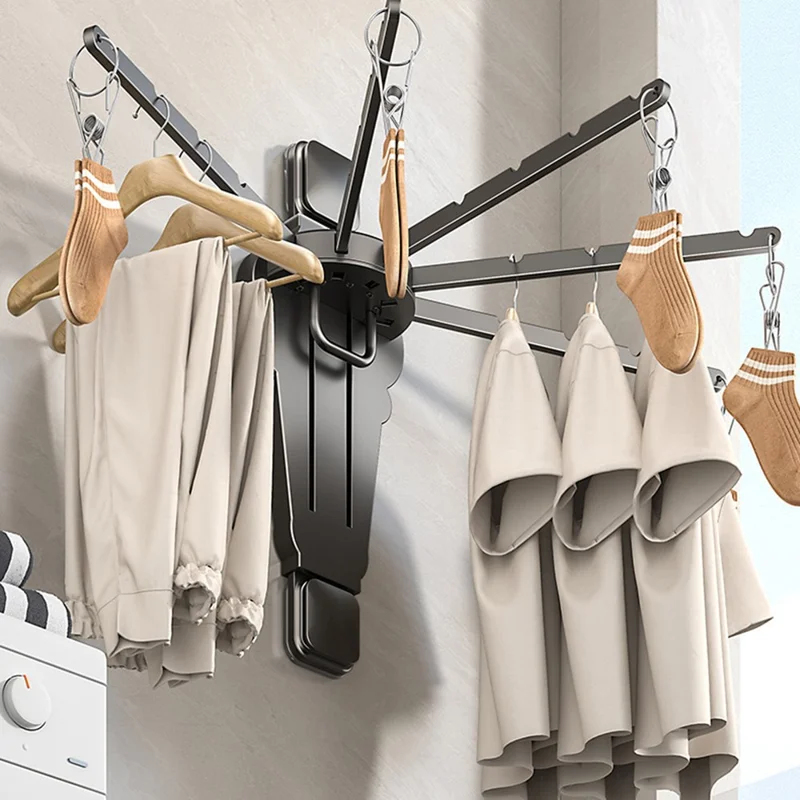 Folding Fan-shaped Wall Mounted Clothes Drying Rack Multi-Rod Underwear Hanging Rack with Sock Clips - Tarnish
