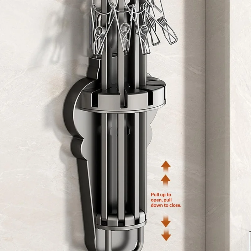 Folding Fan-shaped Wall Mounted Clothes Drying Rack Multi-Rod Underwear Hanging Rack with Sock Clips - Tarnish