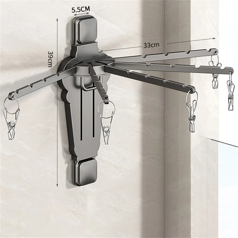 Folding Fan-shaped Wall Mounted Clothes Drying Rack Multi-Rod Underwear Hanging Rack with Sock Clips - Tarnish