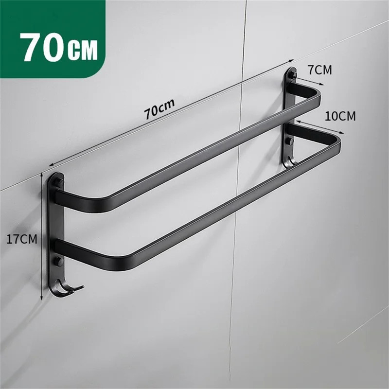 70cm Double Towel Bars Wall Mounted Space Aluminum Towel Holder Hanger for Bathroom - Black