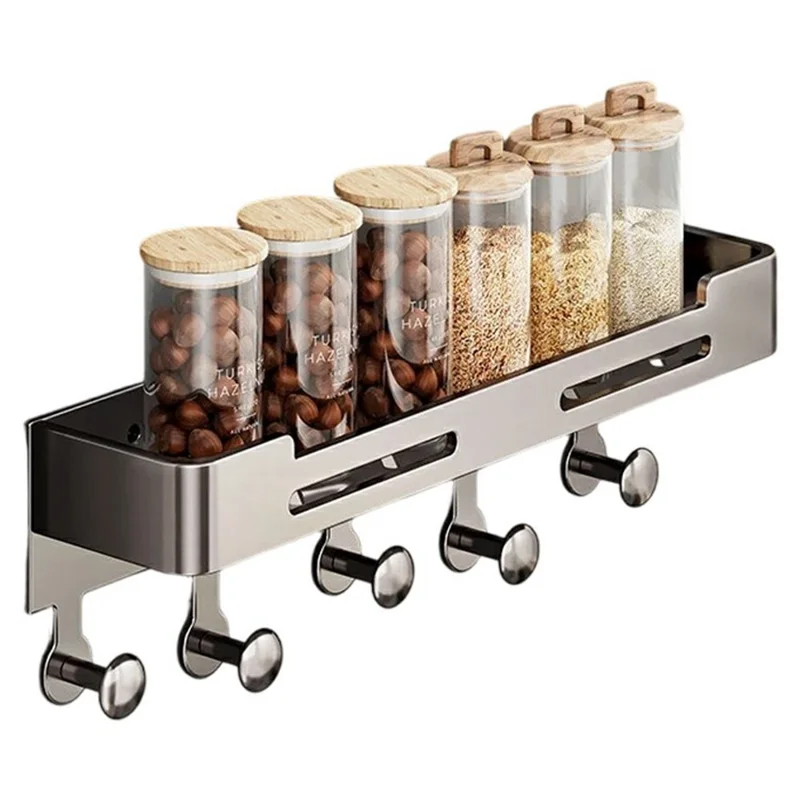 Magnetic Spice Rack for Refrigerator Carbon Steel Seasoning Shelf with 5 Hooks - Grey