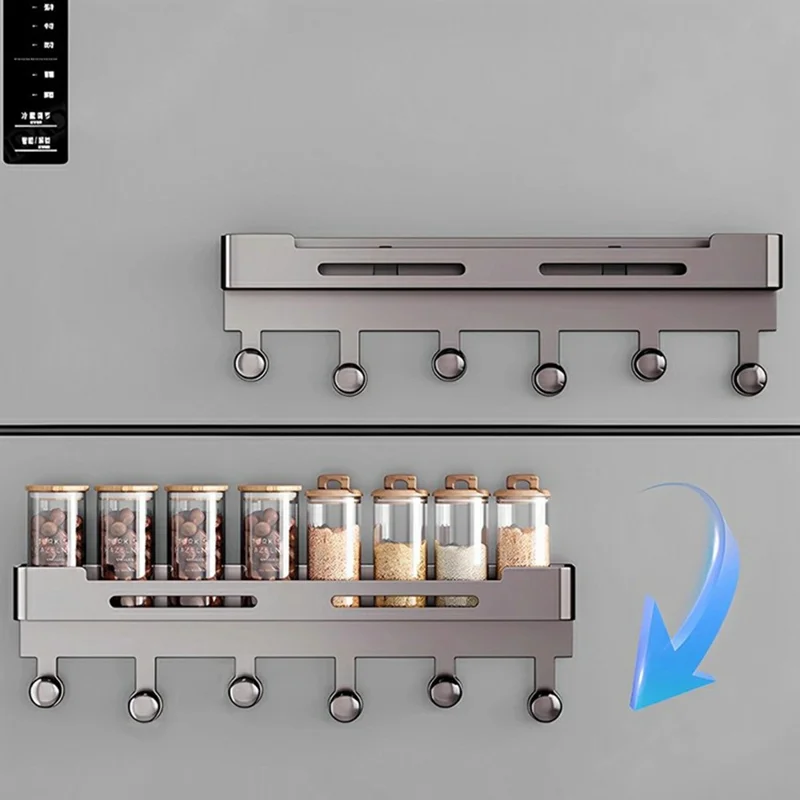 Magnetic Spice Rack for Refrigerator Carbon Steel Seasoning Shelf with 6 Hooks - Grey