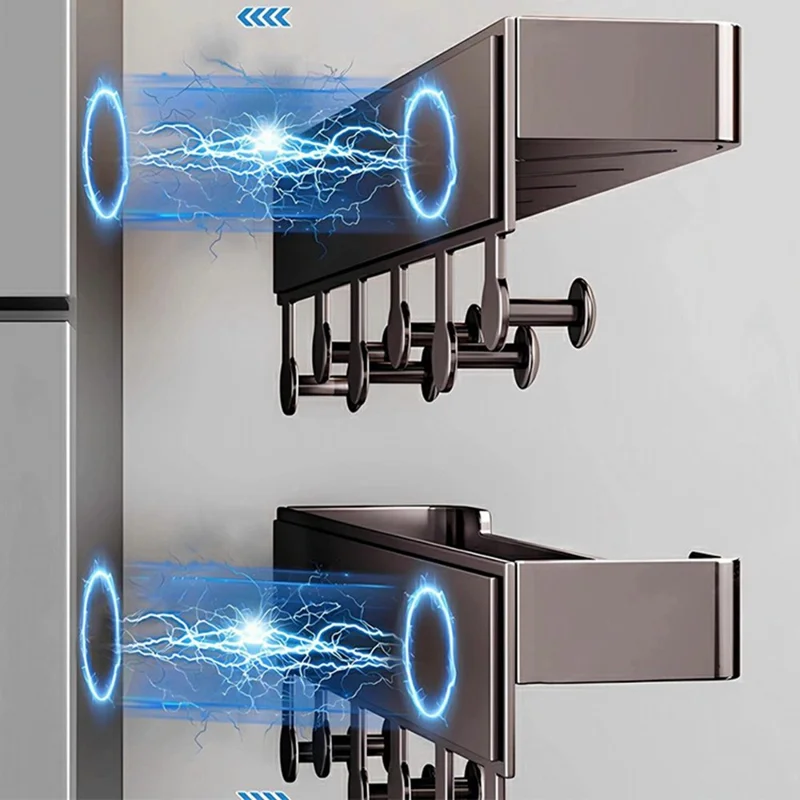 Magnetic Spice Rack for Refrigerator Carbon Steel Seasoning Shelf with 6 Hooks - Grey